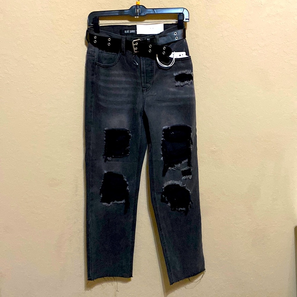 Blue Savvy Black Jeans High Rise With belt Straight Leg Size 5/27